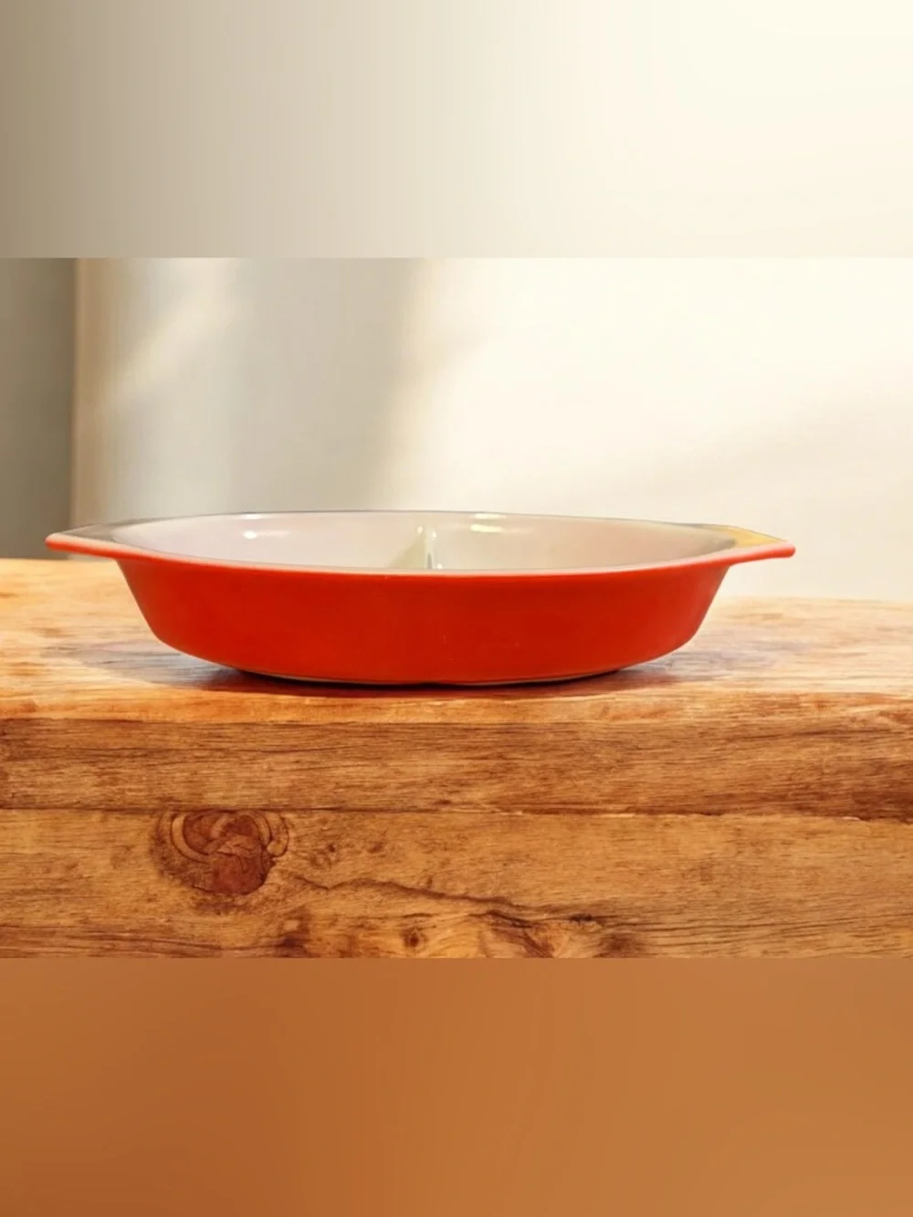 Vintage Pyrex Divided Oval Casserole Dish Red/Orange 2 Section No Lid
